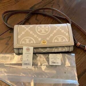 Tory Burch T monogram contrast cream patent wallet crossbody